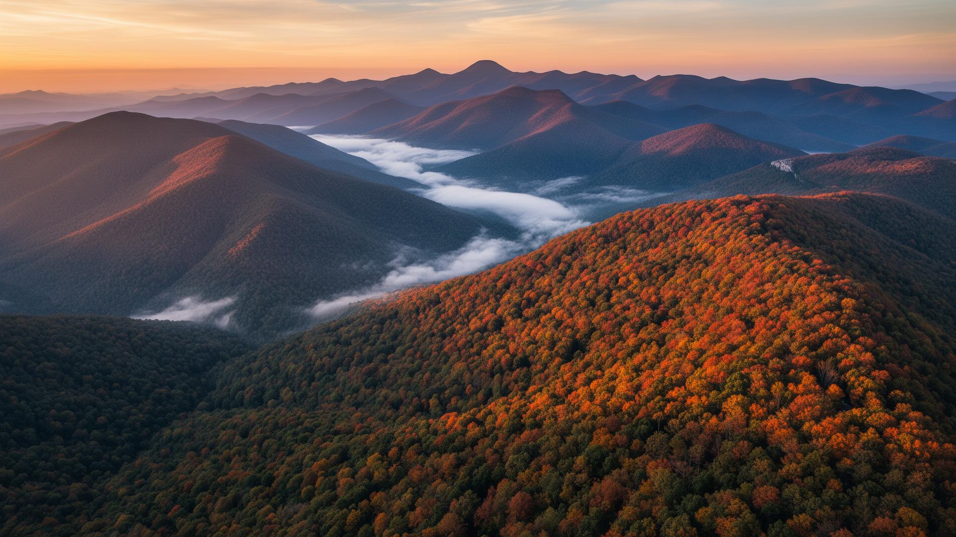 Misty sunrise over Grandfather Mountain in Avery County